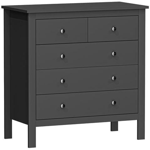 Dark gray mdf construction drawer dresser with four silver knobs perfect for bedroom and living room storage