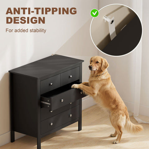 Black mdf construction 5 drawer dresser with silver knobs and anti tipping design for bedroom or living room storage