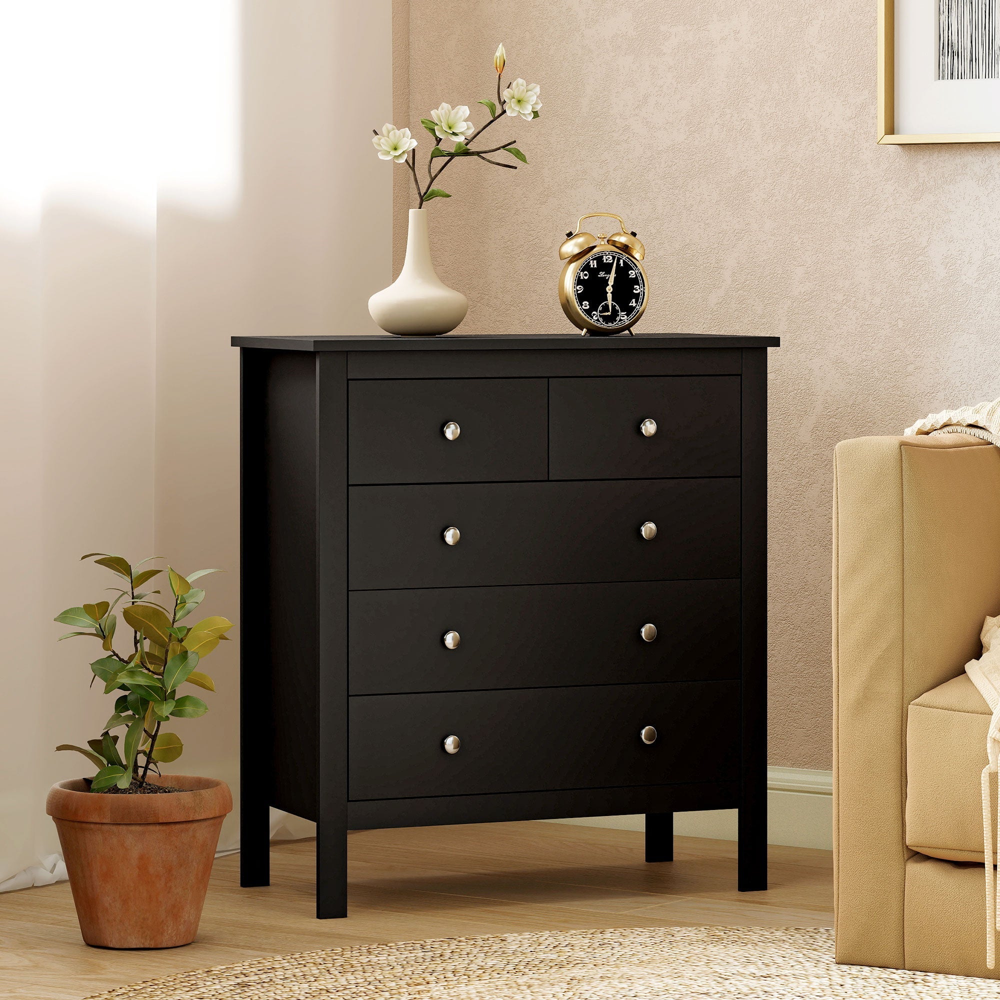 Black wooden drawer dresser with four silver round knobs mdf construction modern chest for bedroom or living room