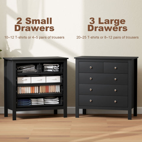 Black mdf construction drawer dresser with three silver round knobs perfect for bedroom or living room storage