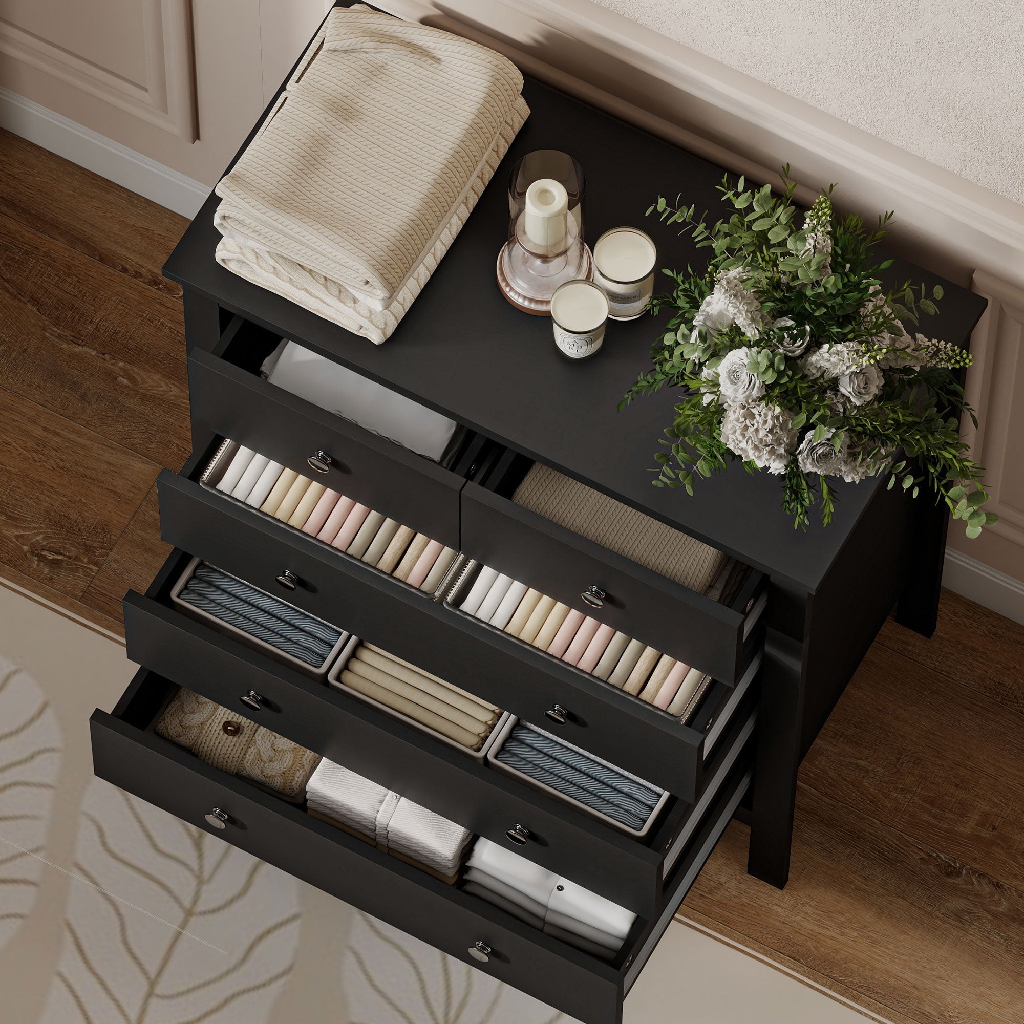 Black mdf construction drawer dresser with 5 drawers neatly storing textiles and accessories for bedroom or living room