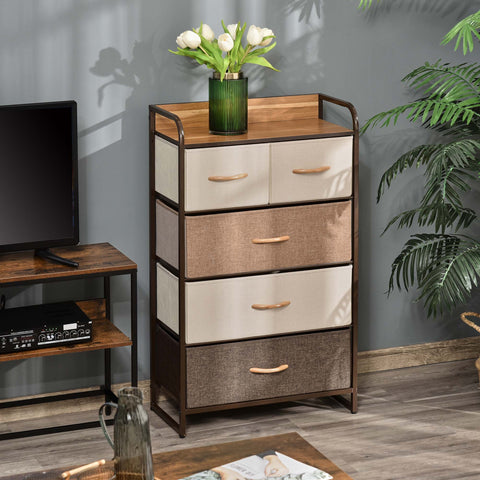 Homcom 5-drawer dresser tower with steel frame wooden top and beige brown linen fabric drawers for bedroom storage