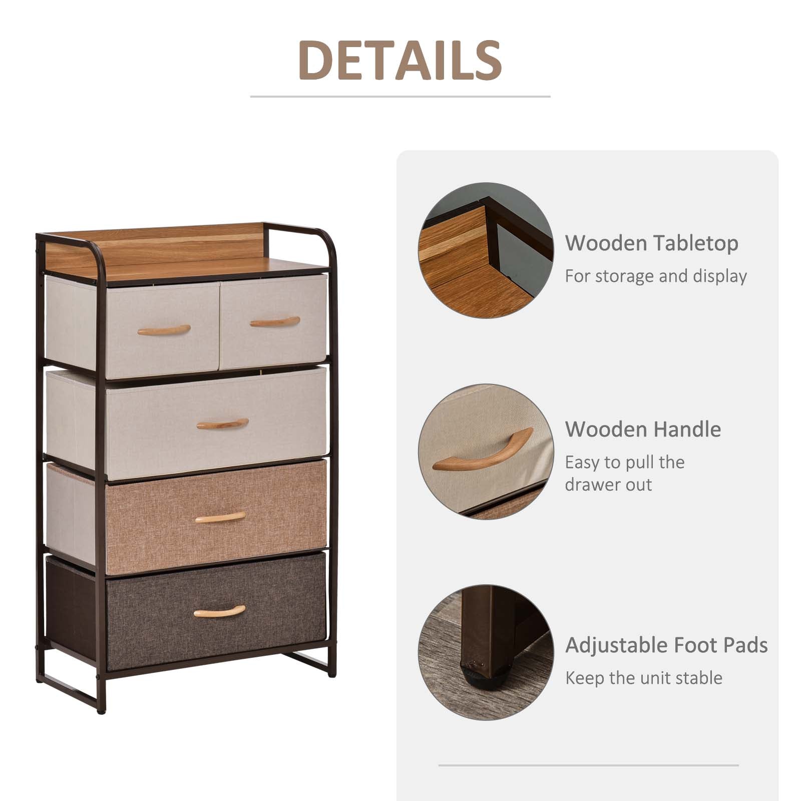 Homcom 5-drawer dresser tower with steel frame wooden top and linen fabric drawers in beige tan and dark gray for storage