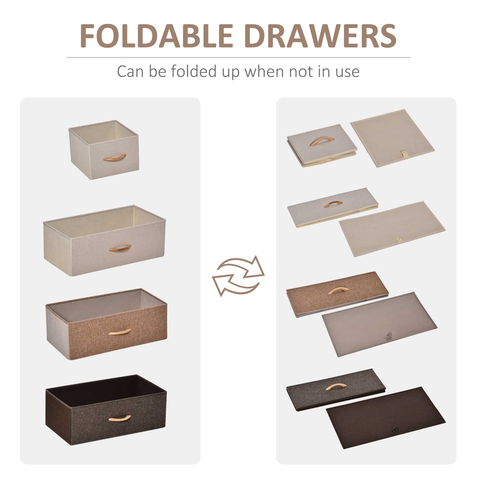 Beige and dark brown foldable linen fabric drawers with gold-tone handles in a homcom 5-drawer steel frame dresser tower
