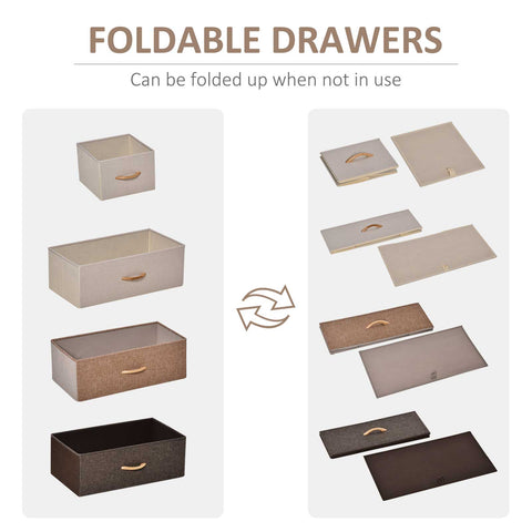 Beige and dark brown foldable linen fabric drawers with gold-tone handles in a homcom 5-drawer steel frame dresser tower