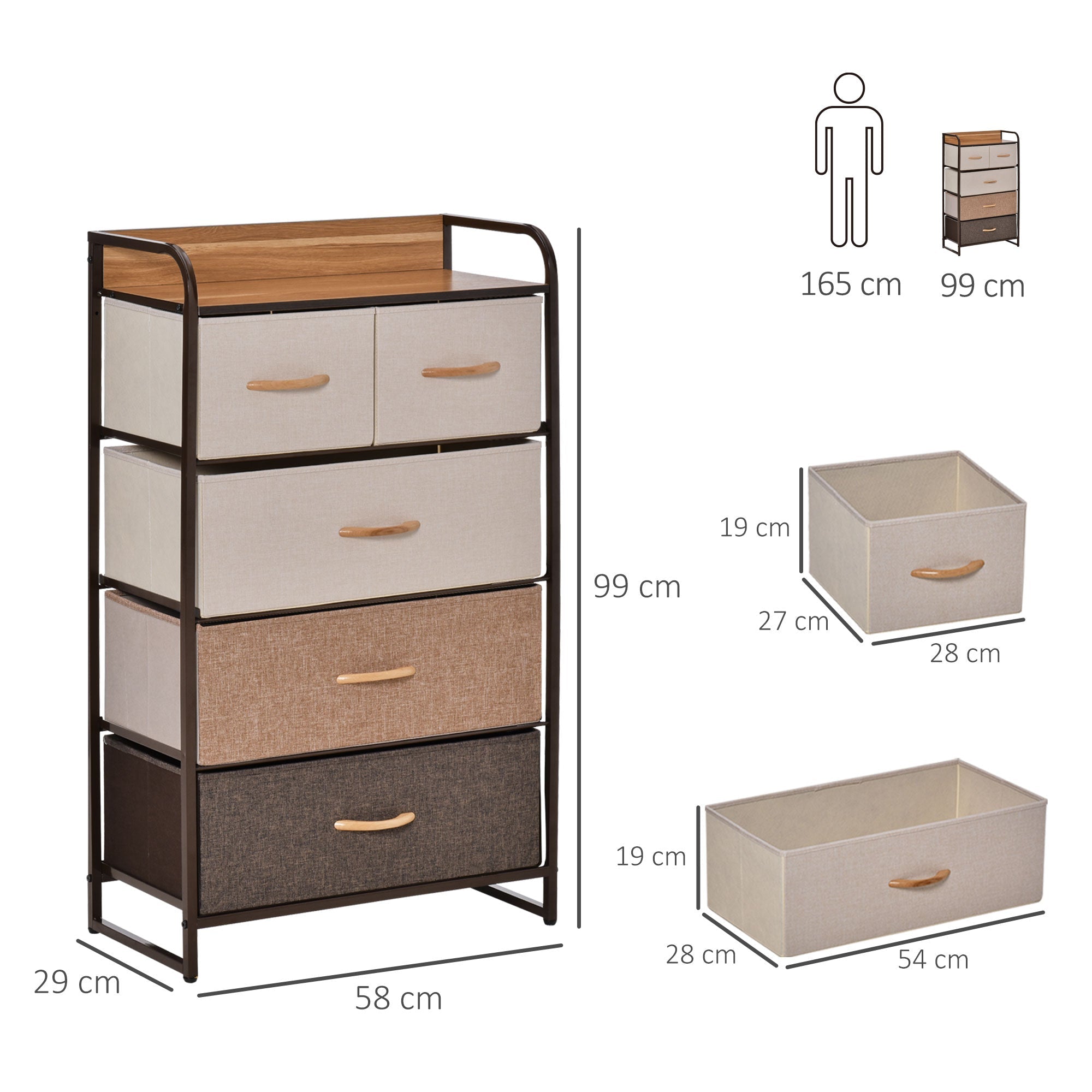 Tall four drawer linen fabric storage unit with black steel frame and wooden top for bedroom hallway closets