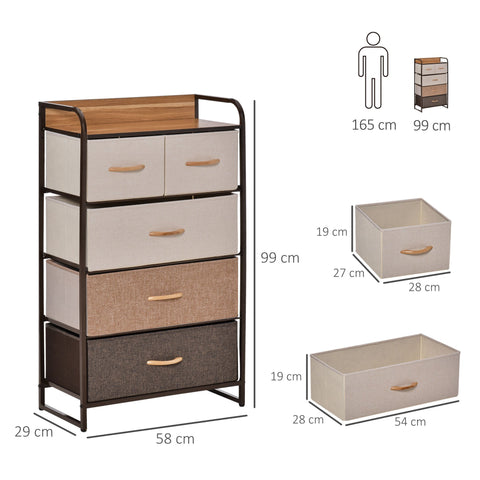 Tall four drawer linen fabric storage unit with black steel frame and wooden top for bedroom hallway closets