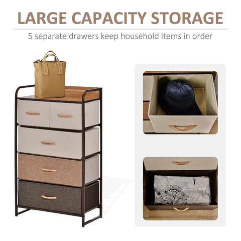 Homcom 5-drawer dresser tower with steel frame, wooden top, and linen fabric drawers in beige, tan, and gray tones