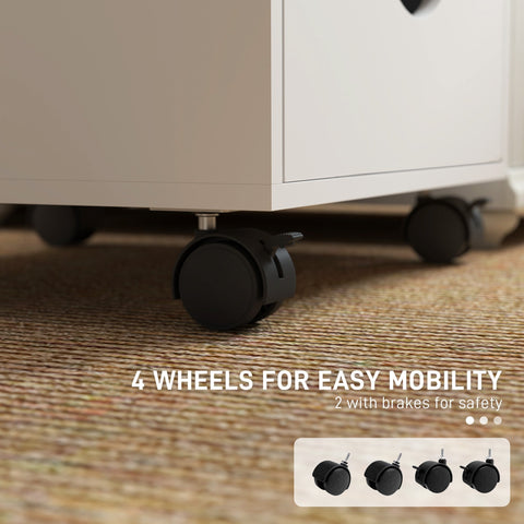 Black caster wheels with brake mechanisms on white particle board filing cabinet for easy office storage mobility and safety