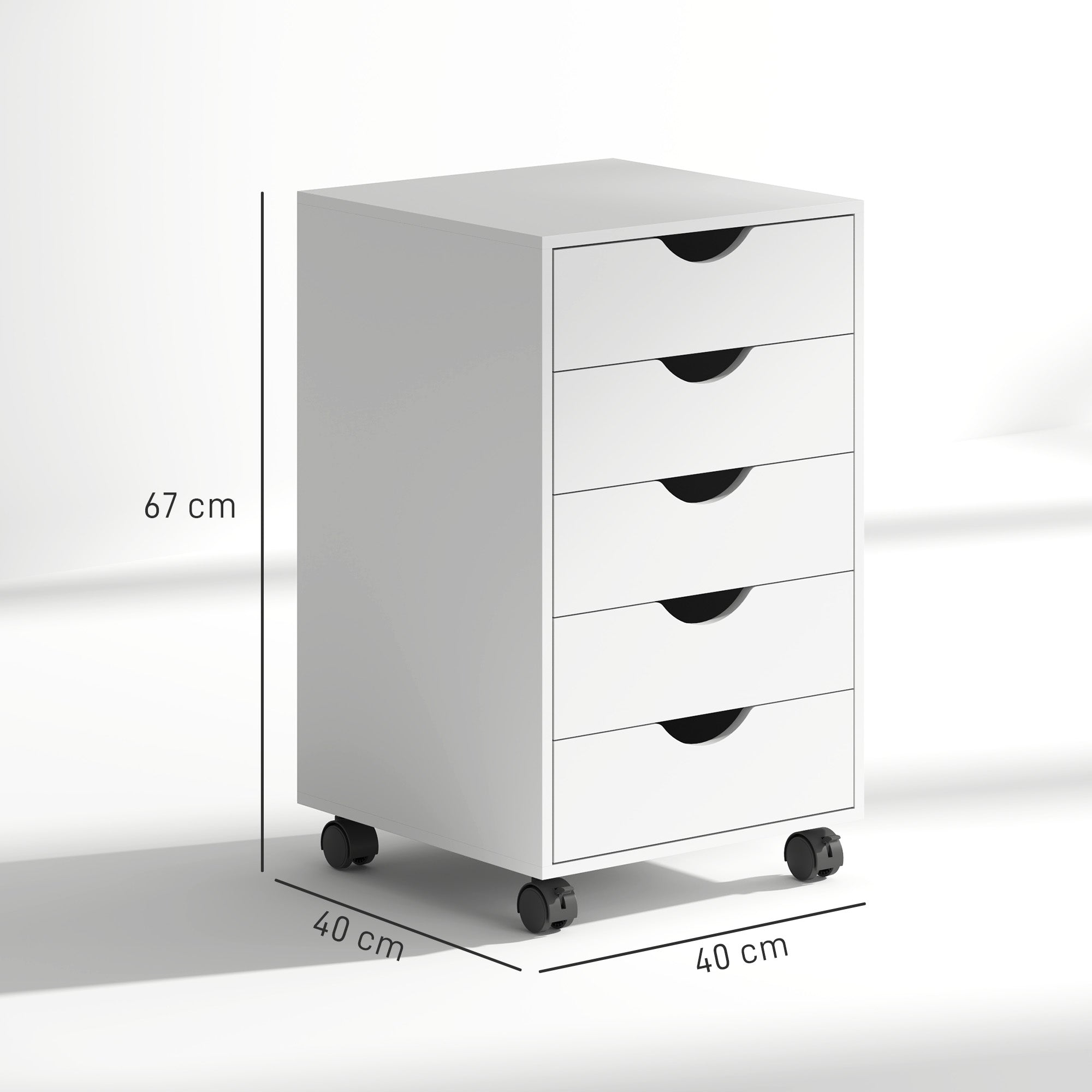 White homcom 5 drawer mobile filing cabinet with black handles on casters made of particle board for office storage