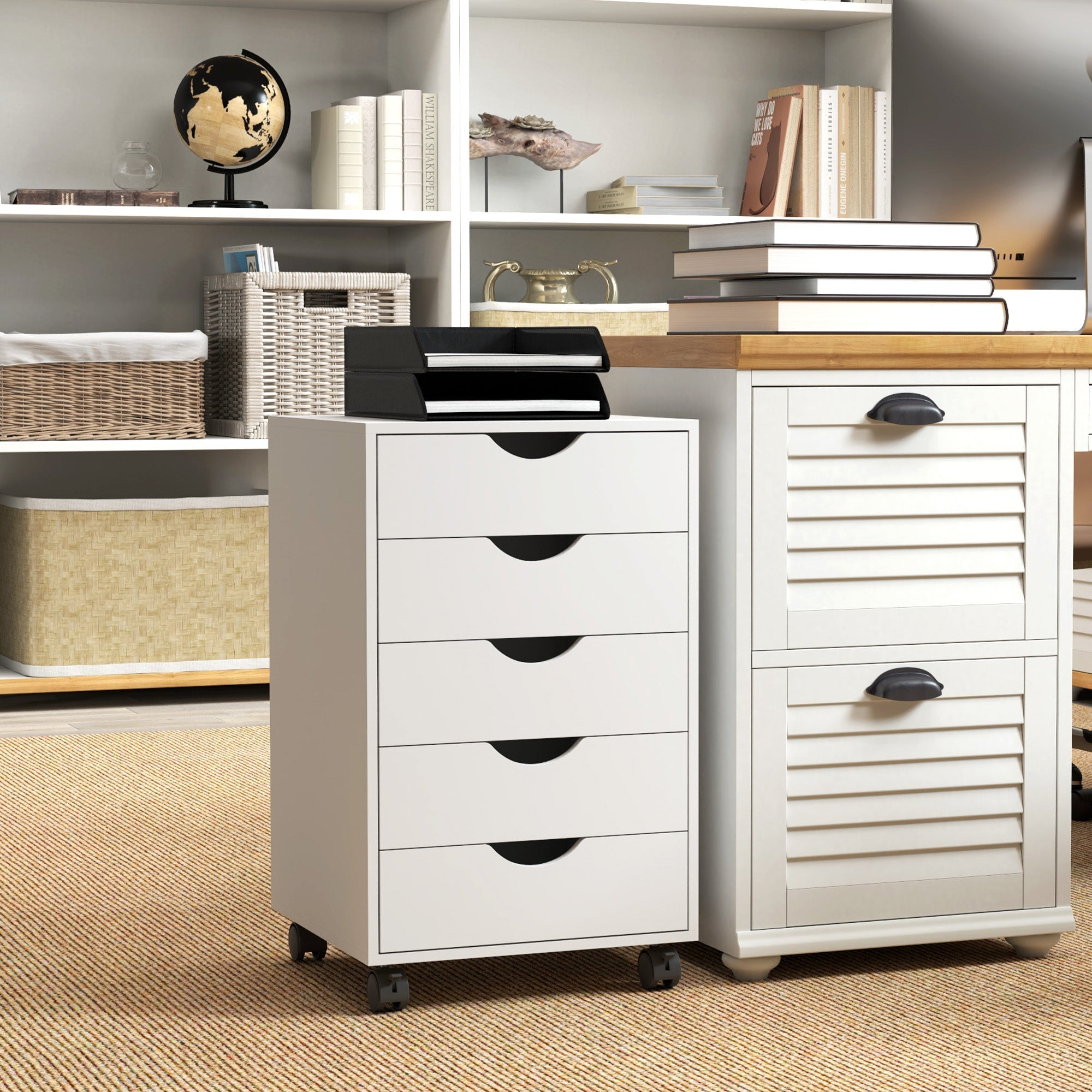 Homcom 5 drawer white particle board filing cabinet with black handles wheels for modern office storage organization