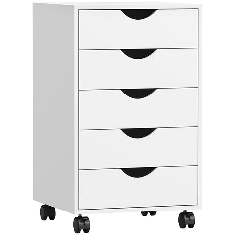 White homcom 5 drawer mobile filing cabinet with black handles on casters made of particle board for office storage
