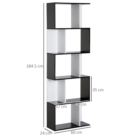 HOMCOM 5-tier Bookcase Storage Display Shelving S Shape design Unit Divider Black