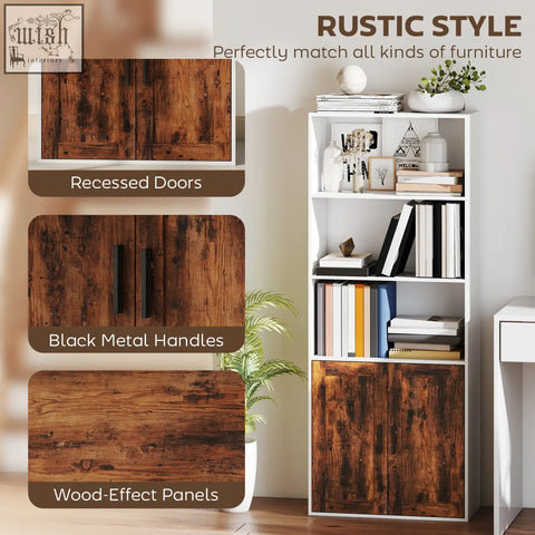White bookshelf with rustic brown wood effect panels black metal handles and adjustable shelves with anti tip kit
