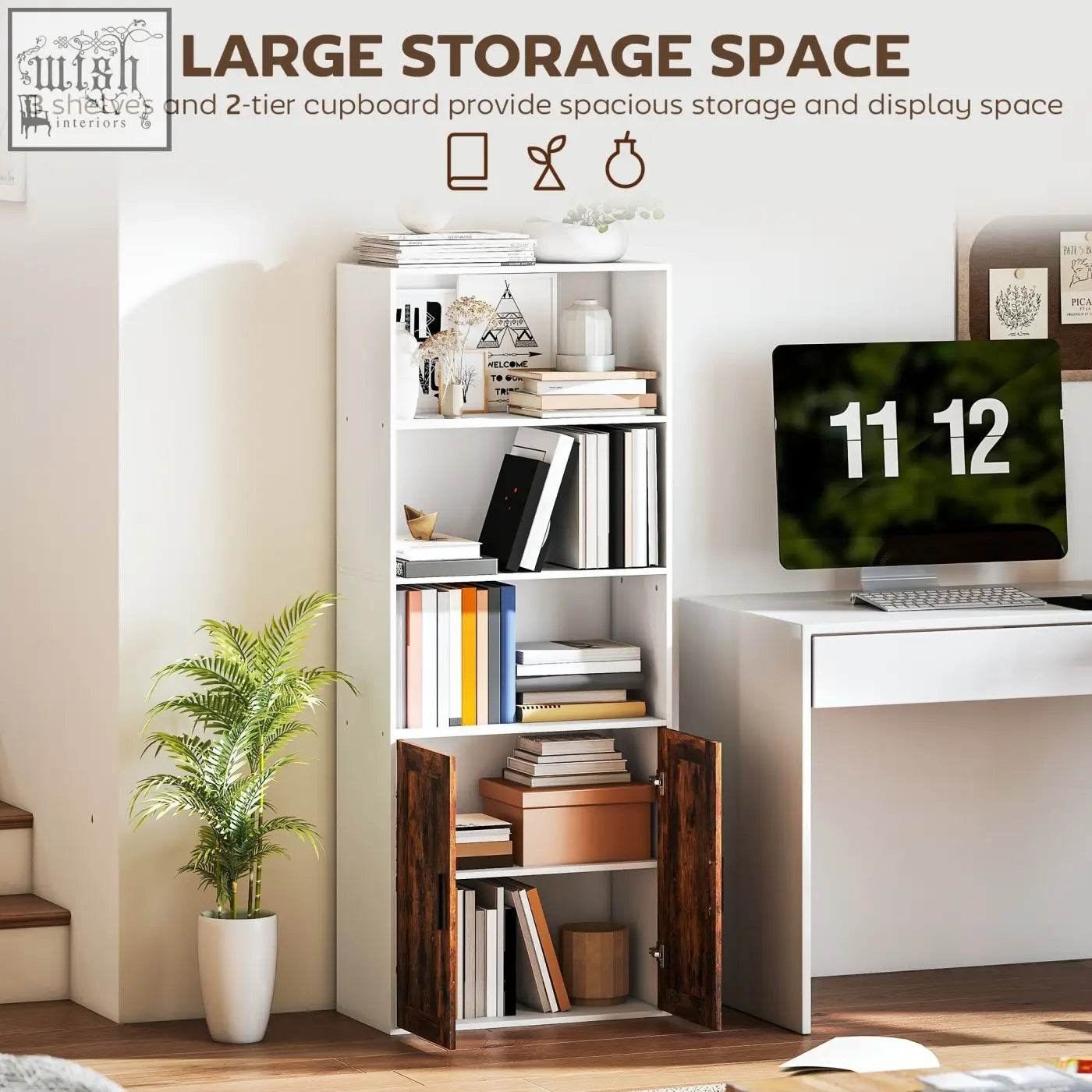White bookshelf with wooden doors and open shelves featuring adjustable shelf and anti-tip kit for storage