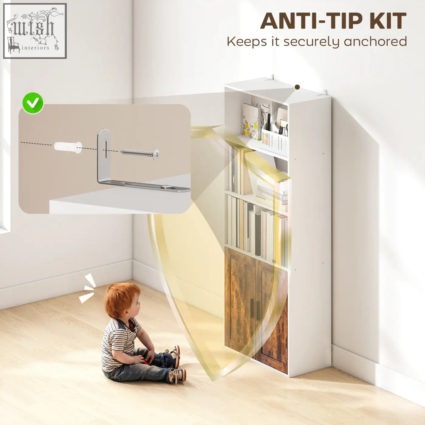 White wall-mounted anti-tip kit with metallic bracket and screw for securing rustic brown homcom 5-tier bookcase open shelves