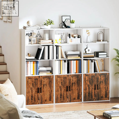 Homcom 5 tier bookshelf with adjustable shelf in white and rustic brown wood features open shelves and wooden cabinet doors