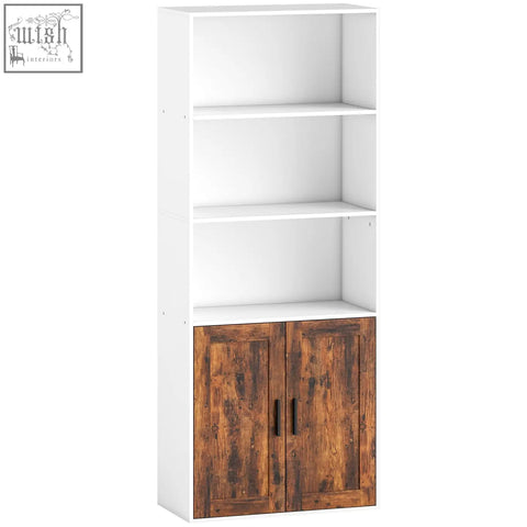 Homcom 5-tier bookcase in white and rustic brown wood with open shelves adjustable shelf and lower cabinet doors