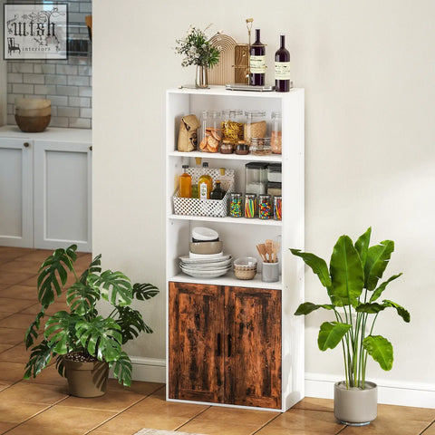 Homcom 5-tier bookcase in rustic brown with white wood finish featuring adjustable shelves, open shelves, and an anti-tip kit