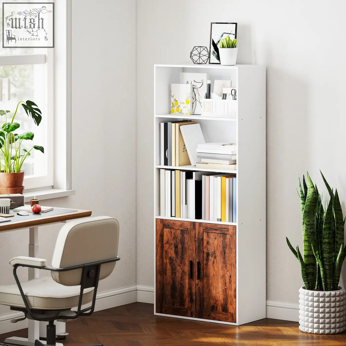 Homcom 5-tier bookcase in rustic brown with white and wood finish features open shelves adjustable shelf and cabinet door