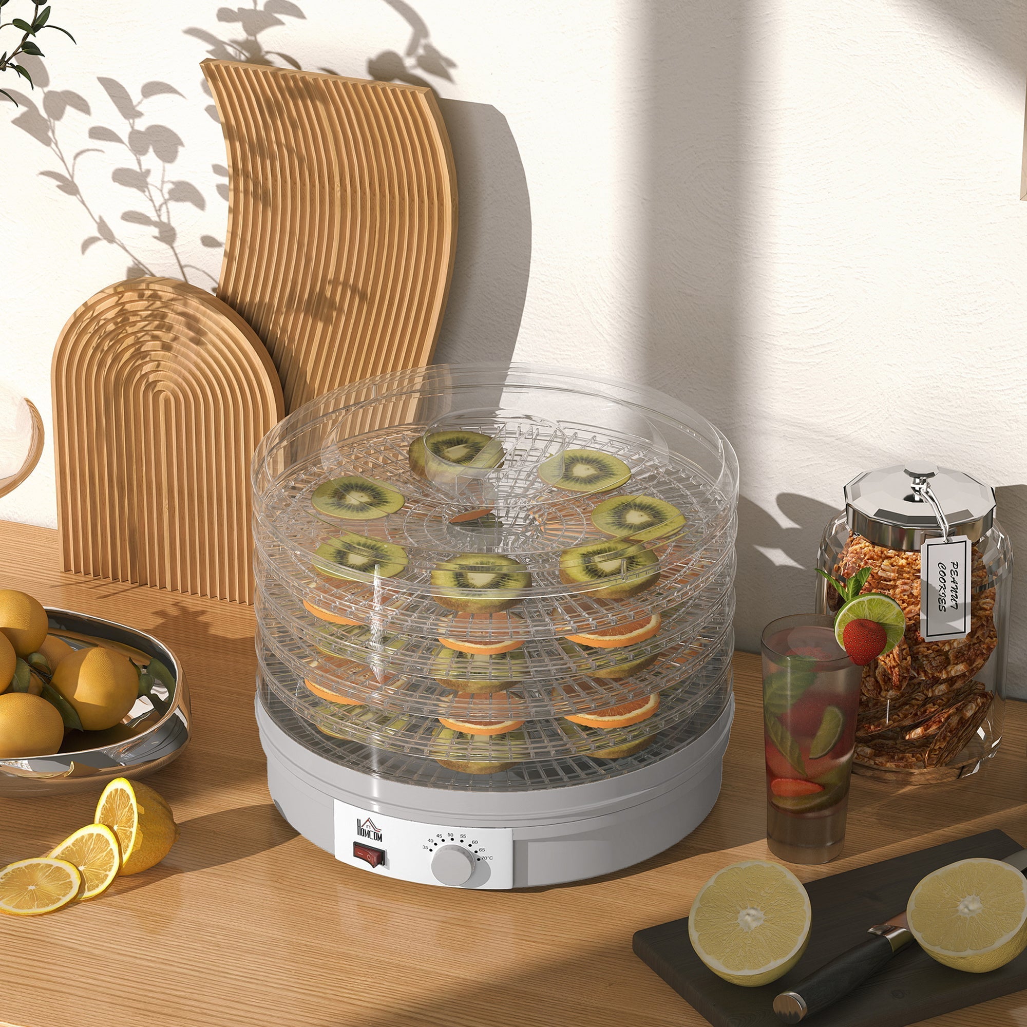 Gray HOMCOM 5 tier food dehydrator with five stacking trays and adjustable temperature for drying fruit and meat