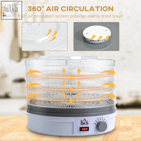 Homcom 5 tier food dehydrator with white and gray design features five stacking trays and adjustable temperature control