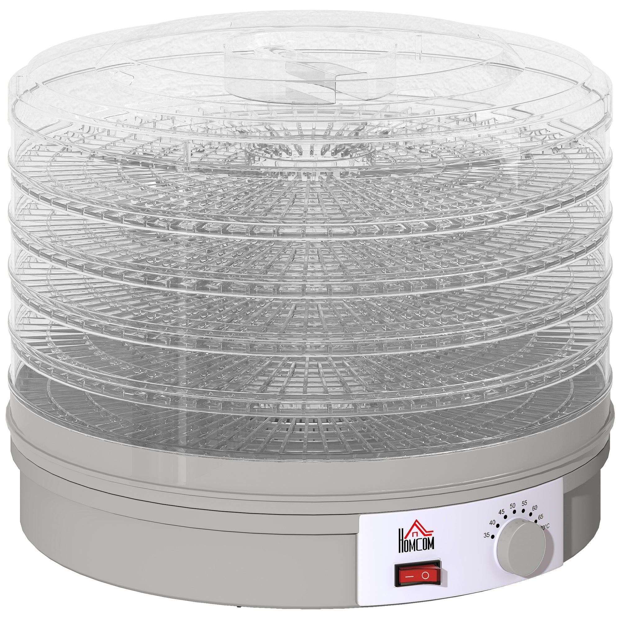 Gray homcom food dehydrator with five stacking trays and adjustable temperature control dryer machine in grey plastic