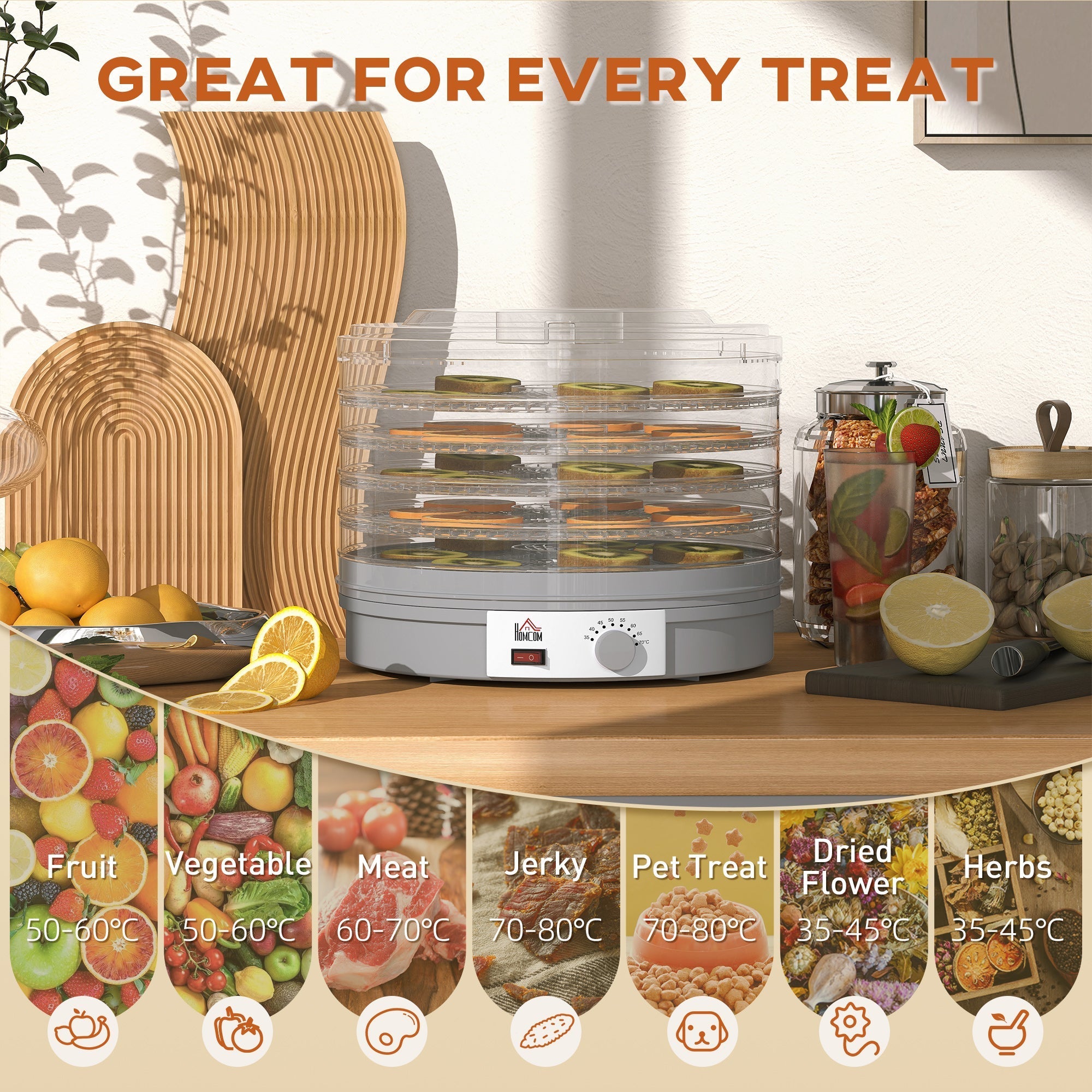 Gray homcom food dehydrator with five stacking trays and adjustable temperature dryer machine filled with sliced fruits and vegetables