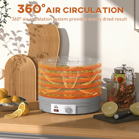Gray homcom food dehydrator with five stacking trays, adjustable temperature, and orange airflow indicators on front panel