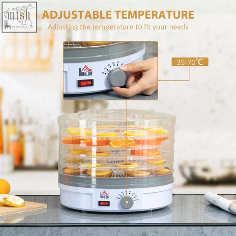 White and gray homcom 5 tier food dehydrator with five stacking trays and adjustable temperature drying citrus slices