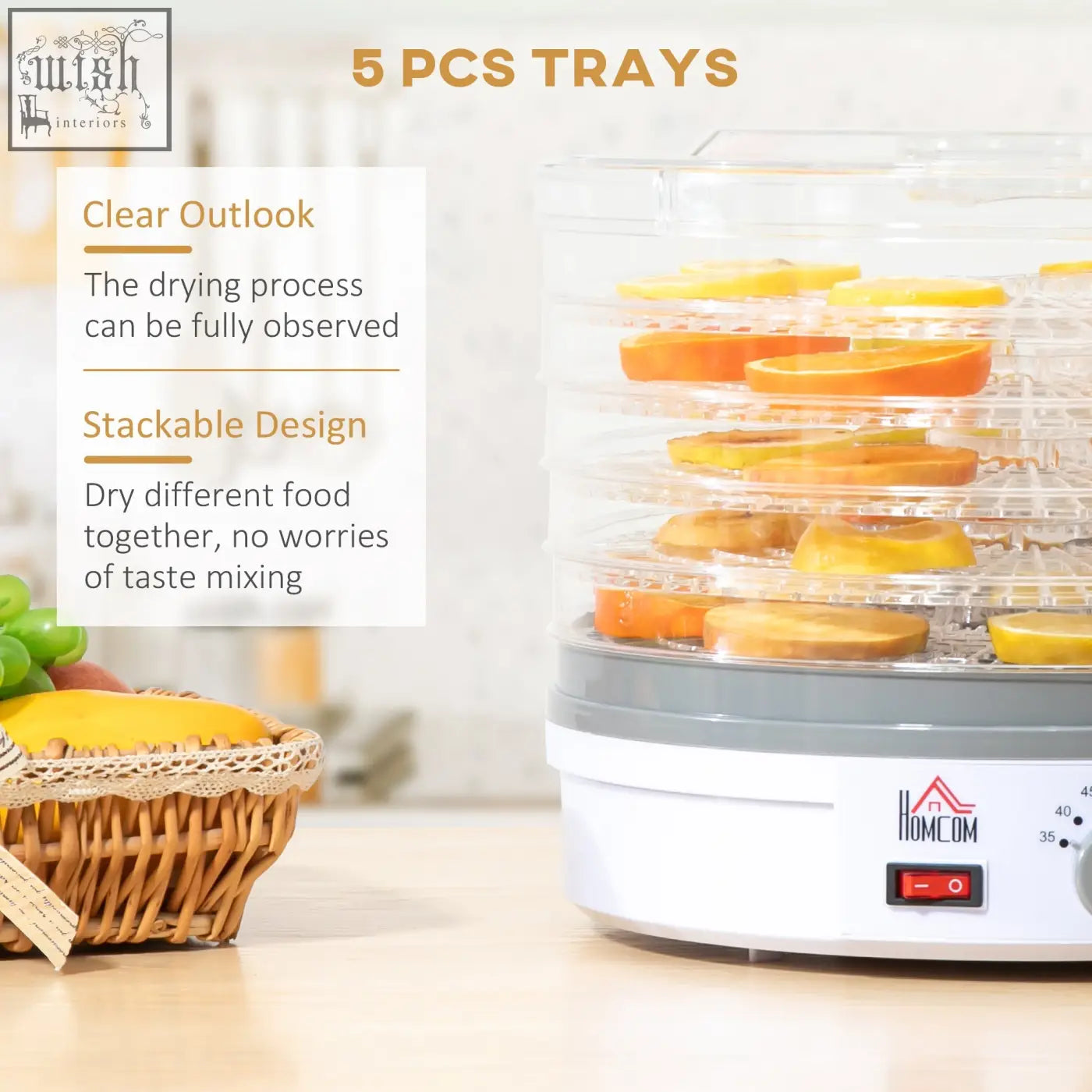 White and gray homcom food dehydrator with five stacking trays and adjustable temperature drying sliced oranges and lemons