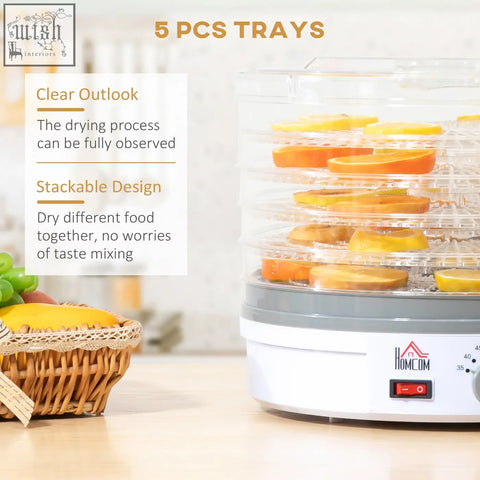 White and gray homcom food dehydrator with five stacking trays and adjustable temperature drying sliced oranges and lemons