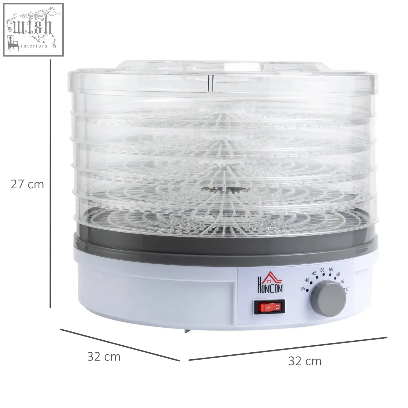 White and gray homcom food dehydrator with five stacking trays and adjustable temperature for drying fruits and meats