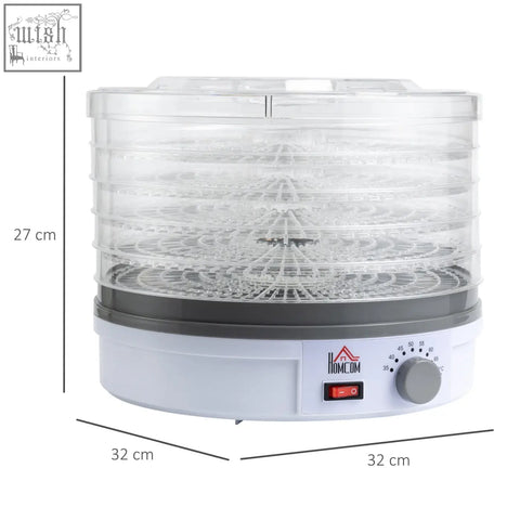 White and gray homcom food dehydrator with five stacking trays and adjustable temperature for drying fruits and meats