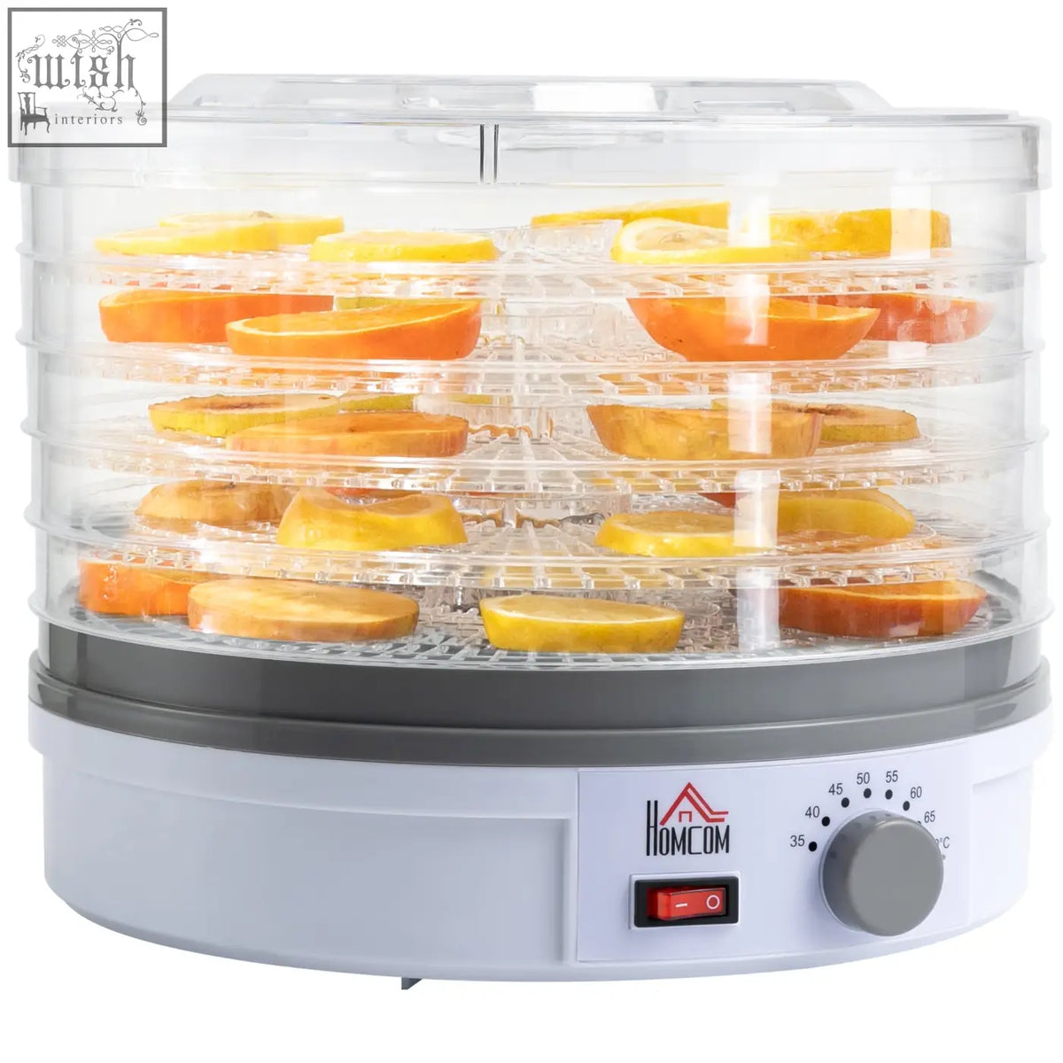 Homcom 5 tier food dehydrator with clear plastic five stacking trays and adjustable temperature control in gray and white