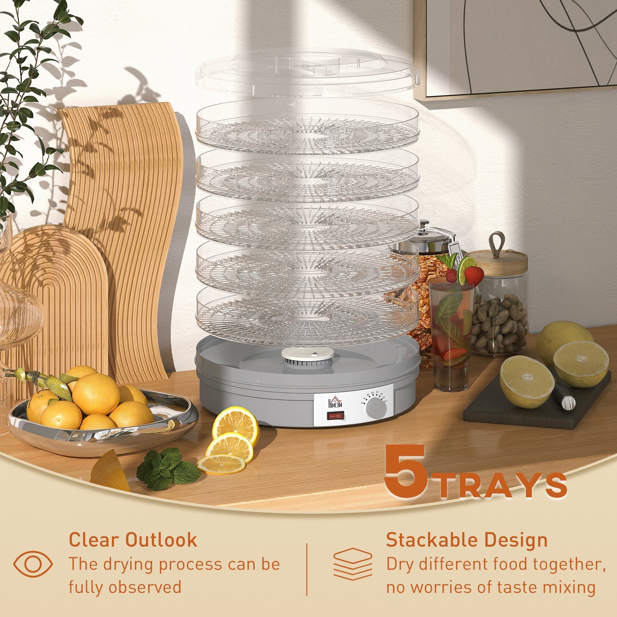 Homcom 5 tier food dehydrator with five stacking trays gray base and adjustable temperature dryer machine for fruit and meat