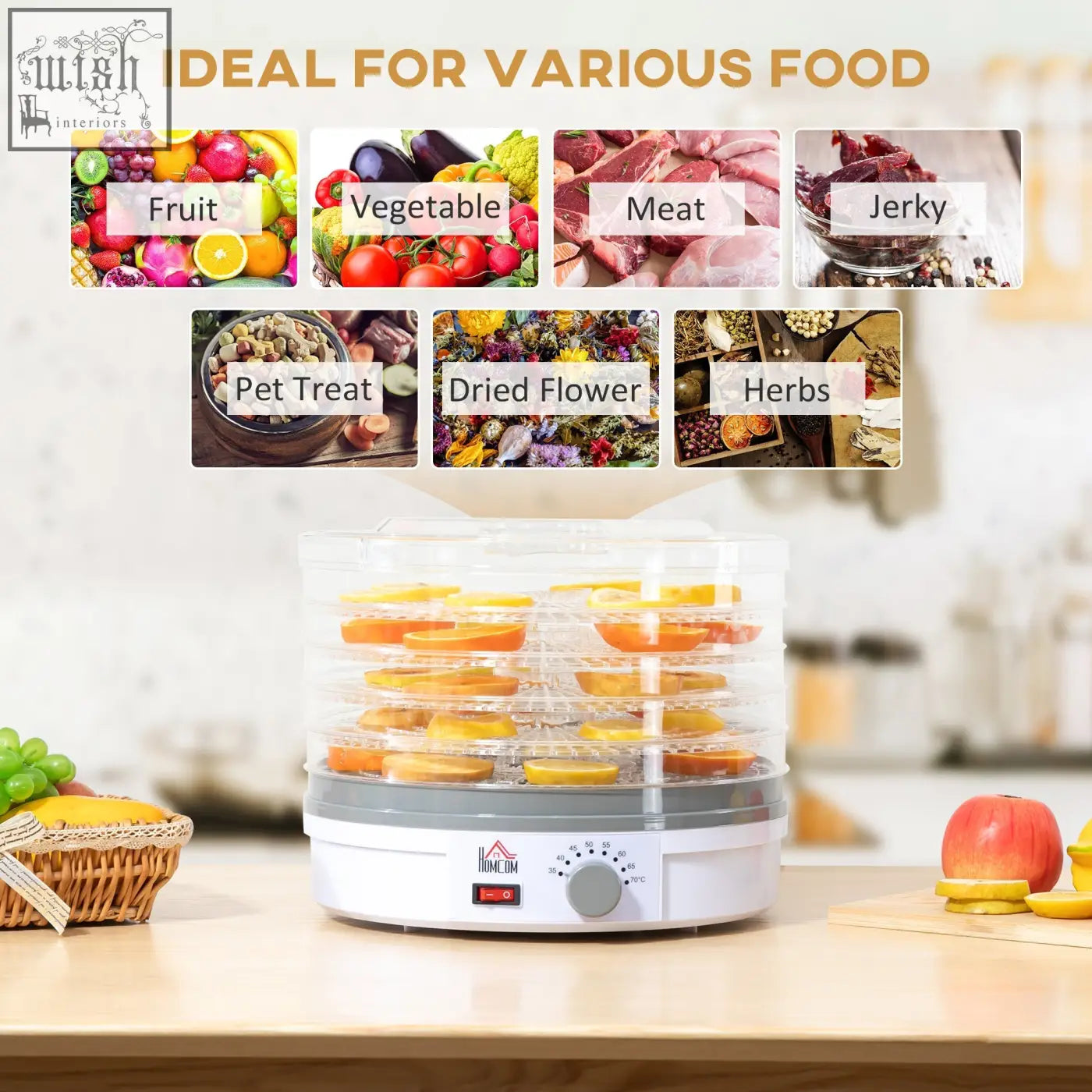 White homcom food dehydrator with five stacking trays and adjustable temperature drying orange and yellow fruits