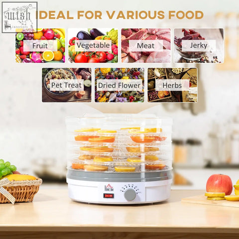 White homcom food dehydrator with five stacking trays and adjustable temperature drying orange and yellow fruits