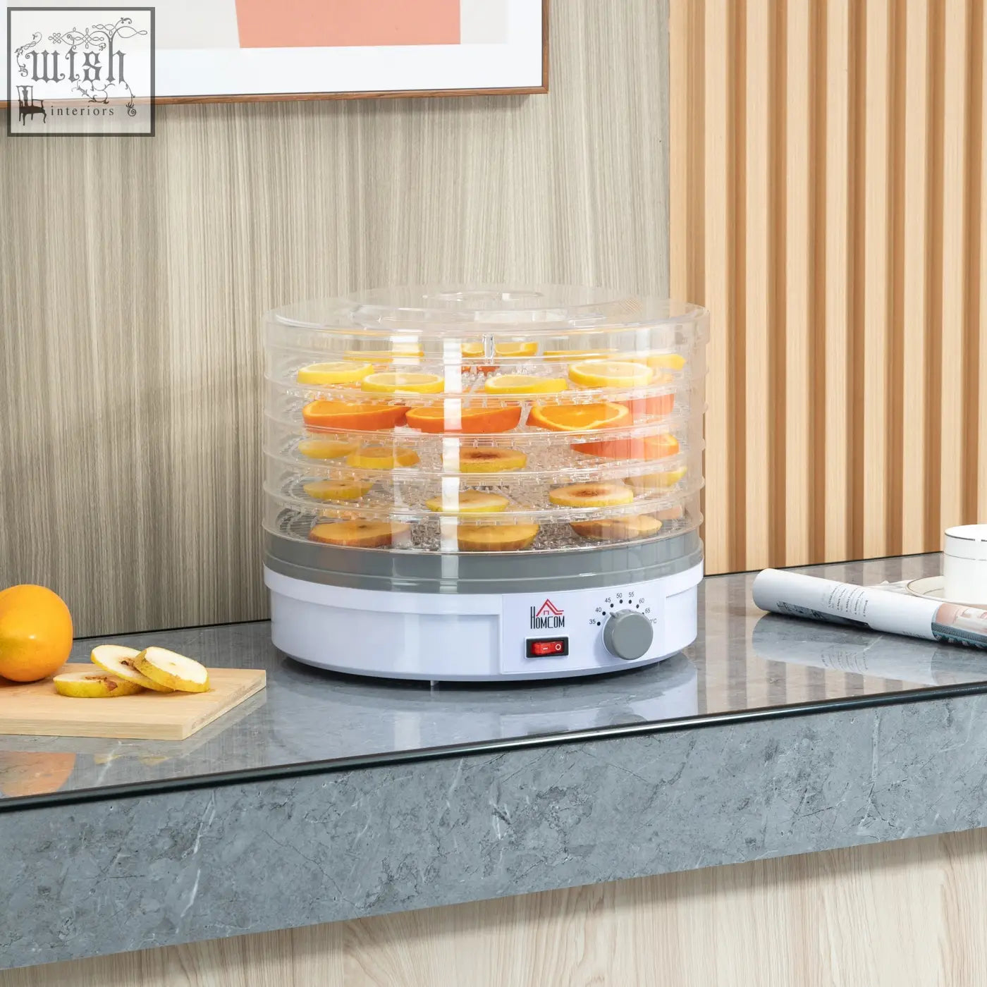 Homcom 5 tier food dehydrator with white and transparent design features five stacking trays and adjustable temperature for drying fruit