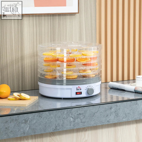 Homcom 5 tier food dehydrator with white and transparent design features five stacking trays and adjustable temperature for drying fruit