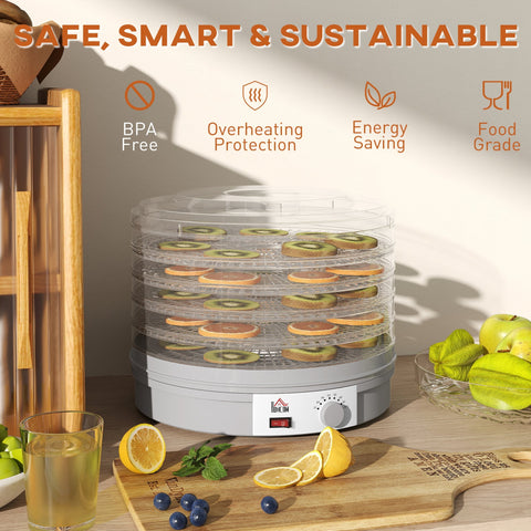 Homcom gray five stacking trays food dehydrator with adjustable temperature control and clear plastic trays drying fruit