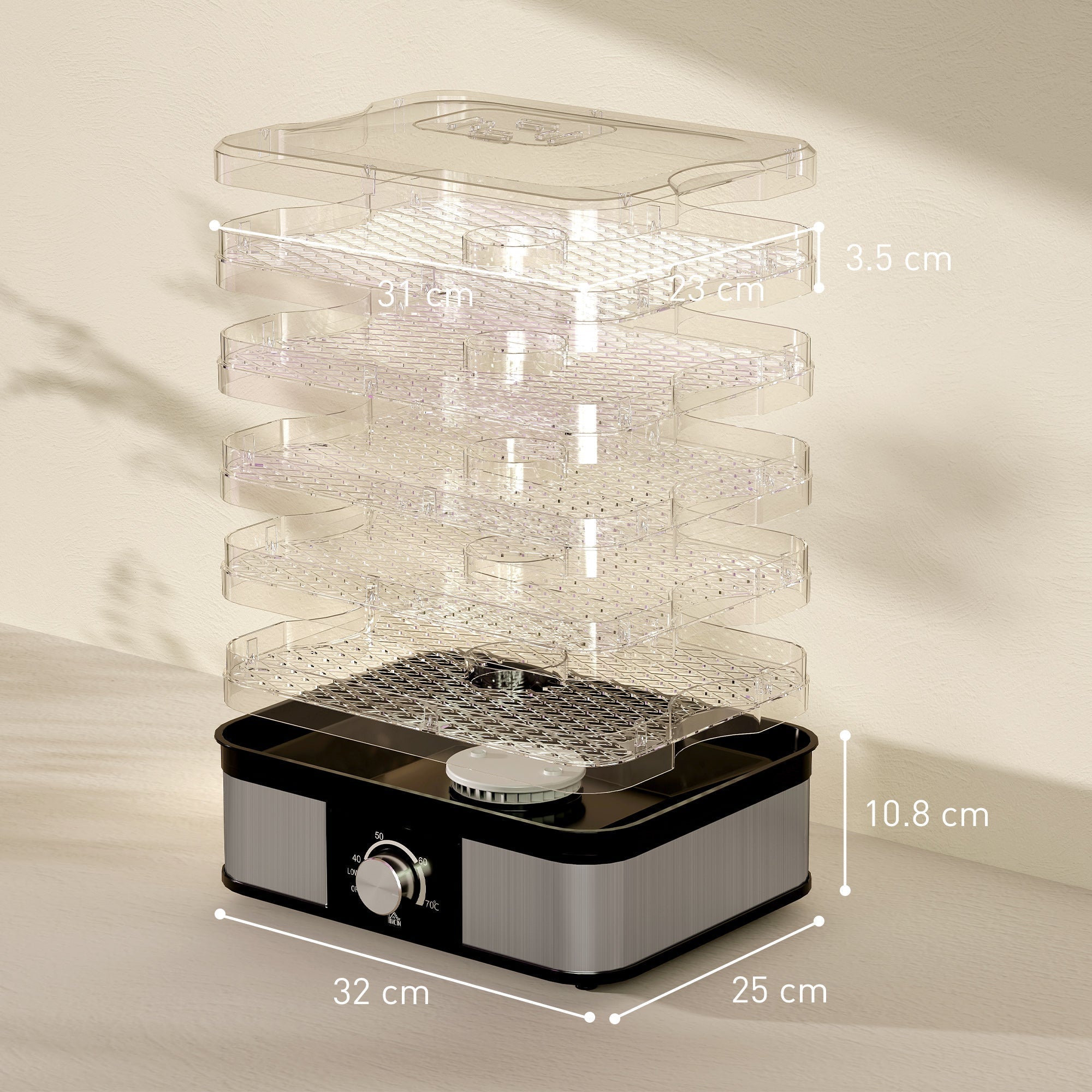 Homcom 5 tier food dehydrator with clear trays black and silver stainless steel base and adjustable temperature control knob
