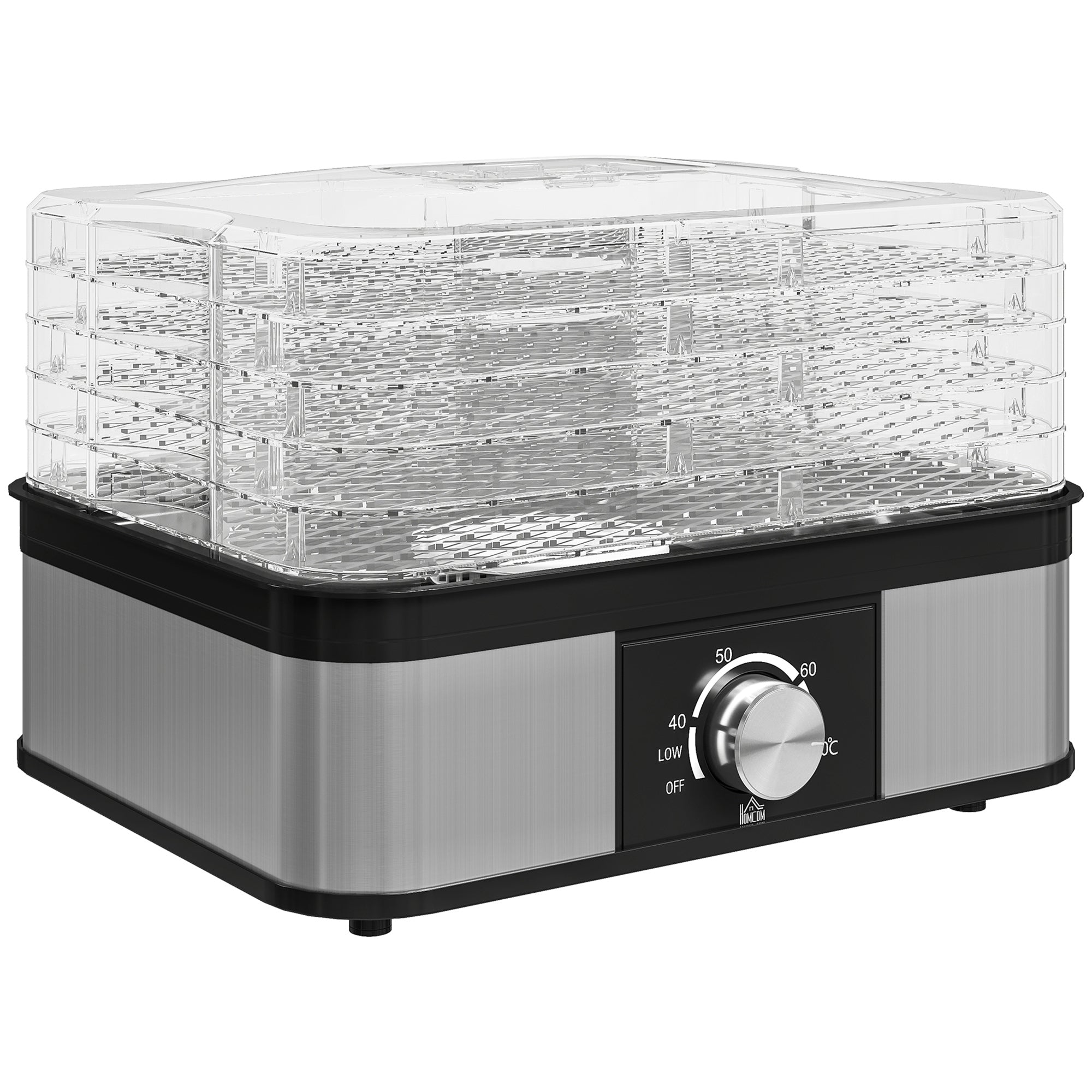 Silver and black homcom 5 tier stainless steel food dehydrator with transparent trays for drying fruit meat and veggies