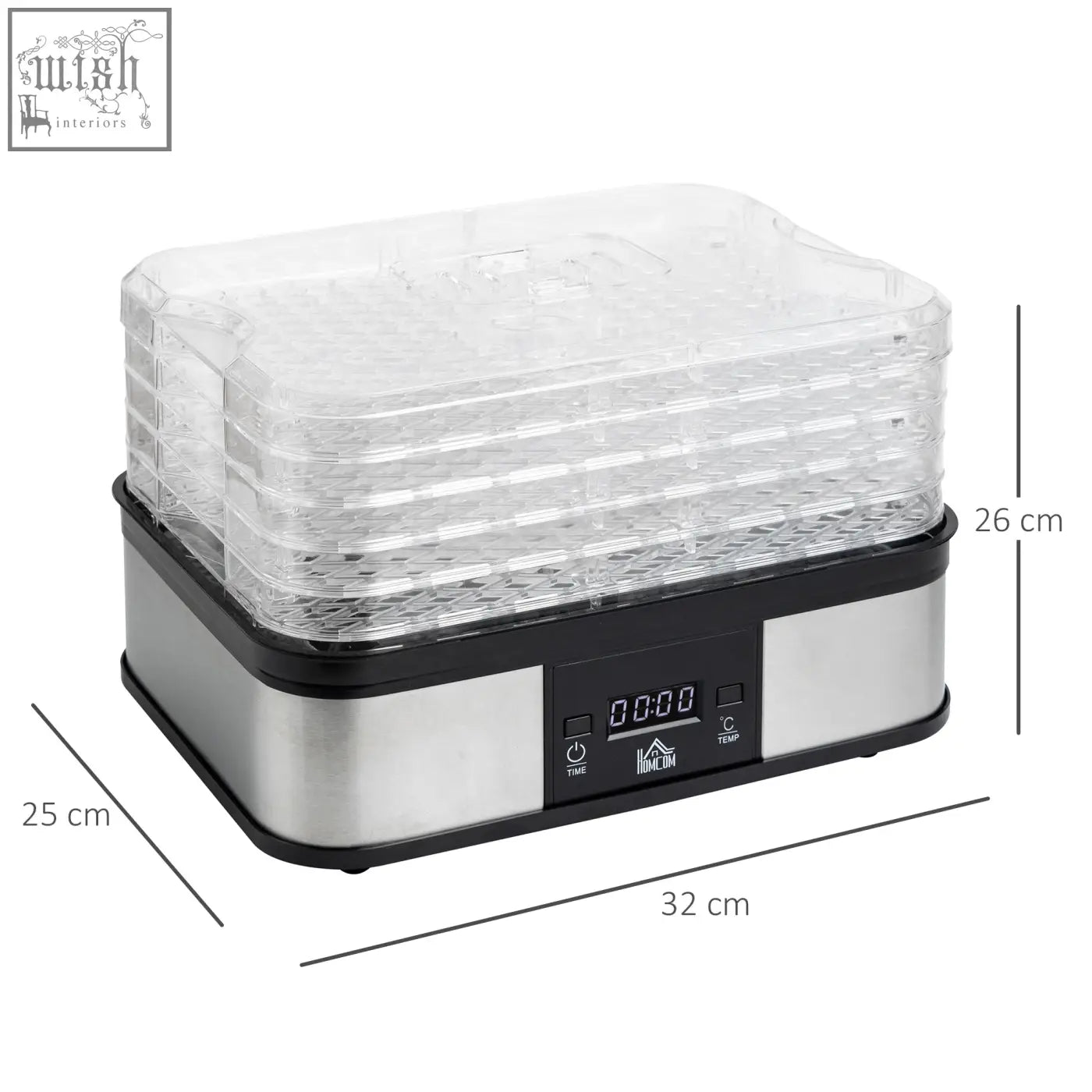 Stainless steel and black homcom 5 tier food dehydrator with lcd display and clear plastic trays for drying food
