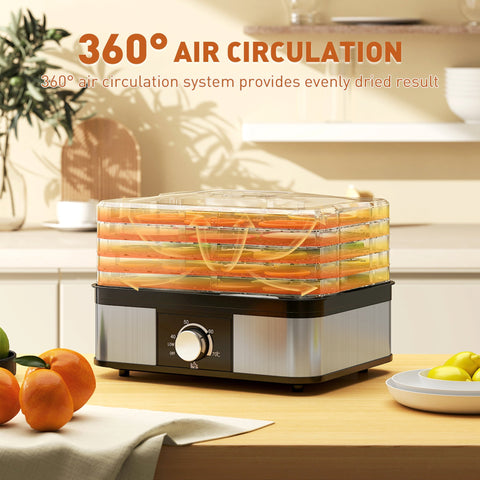 Homcom 5 tier stainless steel food dehydrator in black with transparent trays drying sliced orange fruit
