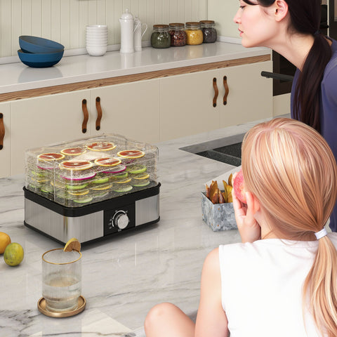 Homcom 5 tier food dehydrator with stainless steel and black plastic body and clear trays drying sliced citrus fruits
