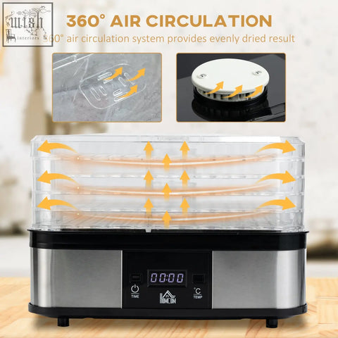 Homcom 5 tier food dehydrator with stainless steel body black plastic and lcd display for drying fruits and jerky