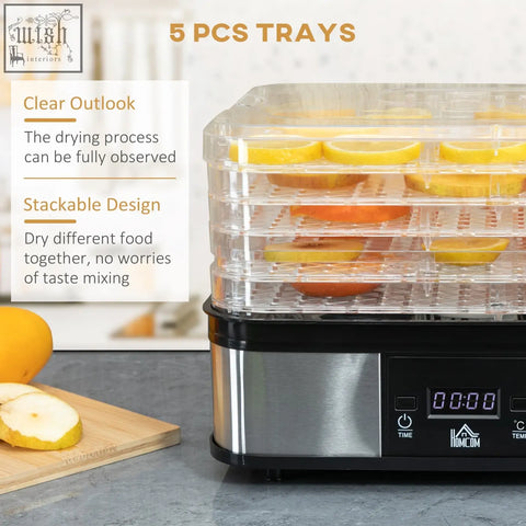 Homcom 5 tier food dehydrator with clear acrylic trays black stainless steel base and lcd display for drying food