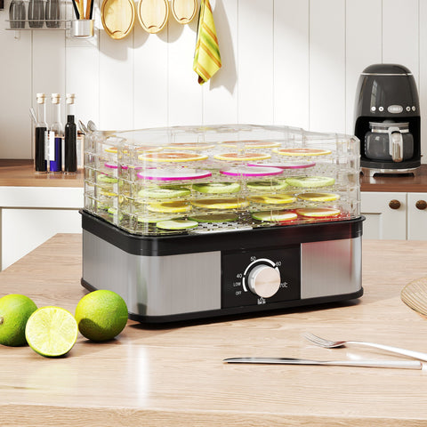 Homcom 5 tier food dehydrator in black stainless steel with clear glass trays holding sliced fruits