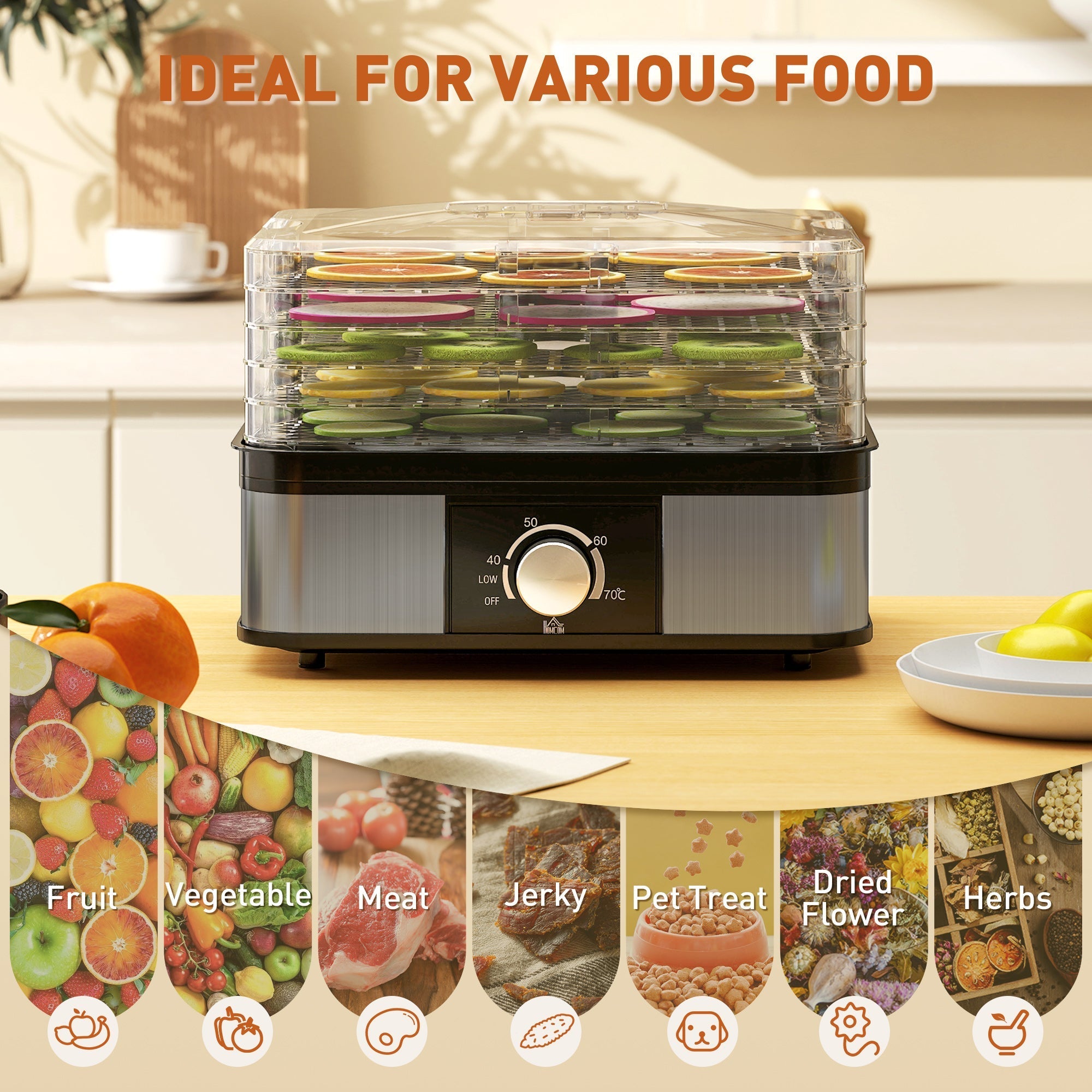 Homcom 5 tier food dehydrator with stainless steel body black base clear top and adjustable temperature settings